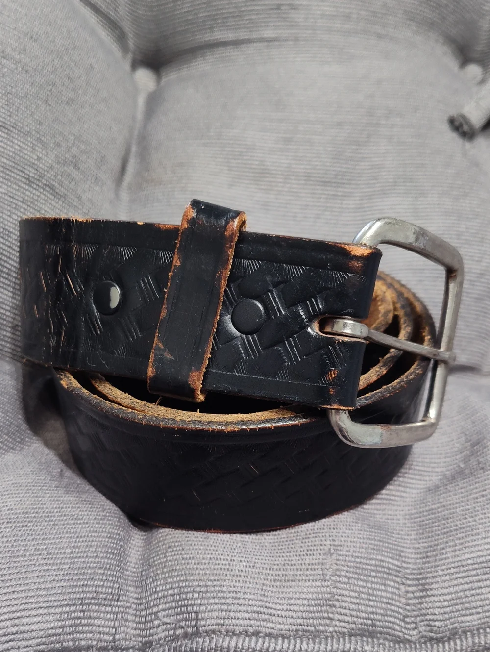 Vintage Black Basketweave Tooled Leather Work Belt Size 34